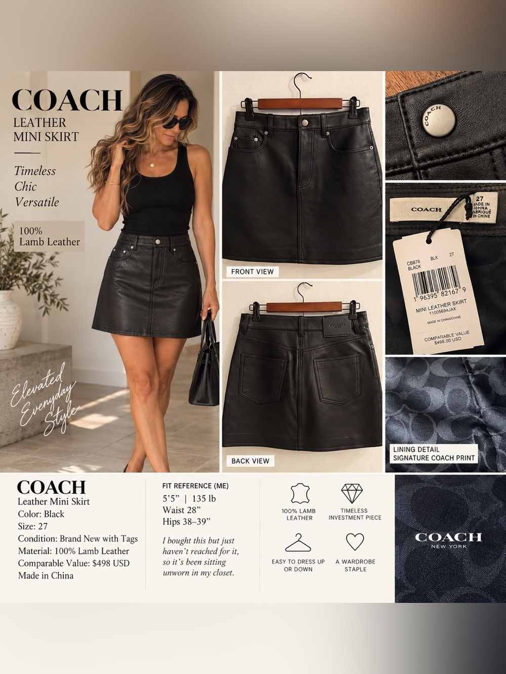 Coach Black Lamb Leather Mini Skirt Size 27 NWT